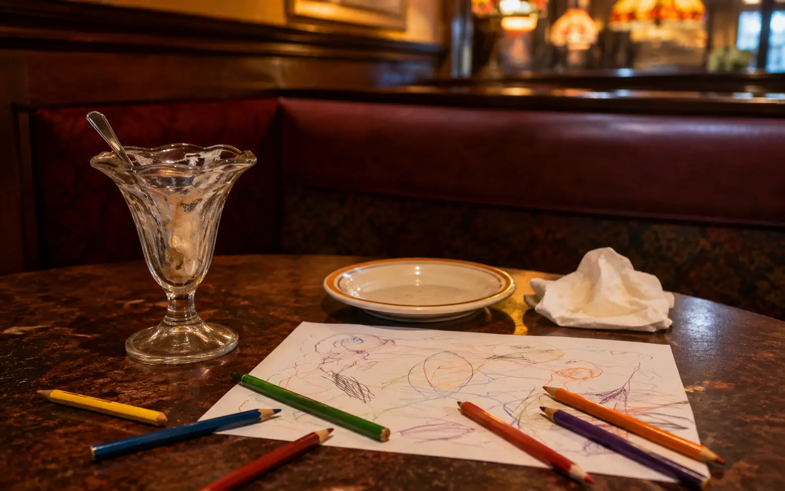 Editorial reconstruction of a family restaurant table with coloured pencils, drawings and an empty sundae glass