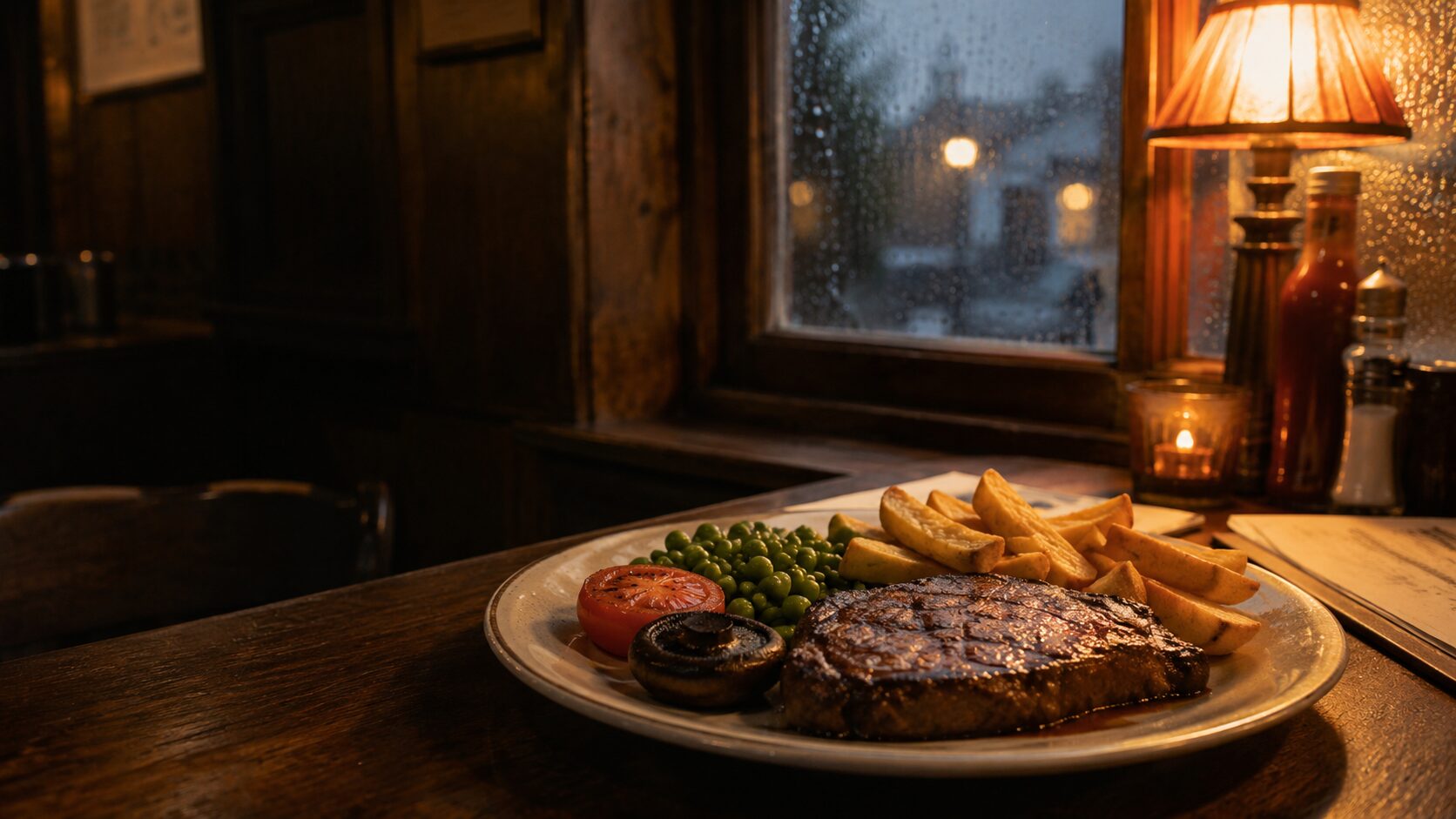 A steak, chips, peas, tomato and mushroom on a table in a warmly lit British restaurant