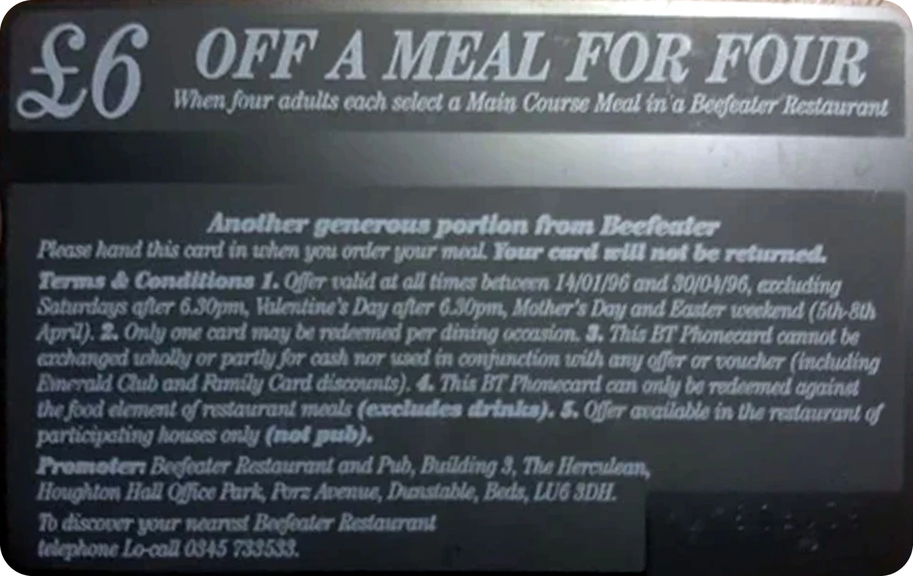 Reverse of the 1996 Beefeater BT Phonecard